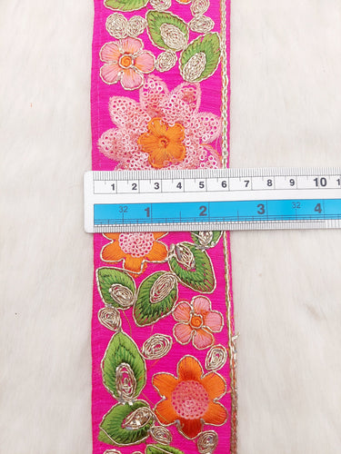Fuchsia Pink Silk Fabric Embroidered Trim, Floral Embroidery Indian Sari Border Trim By Yard Decorative Trim Craft Lace, Sequins Trim